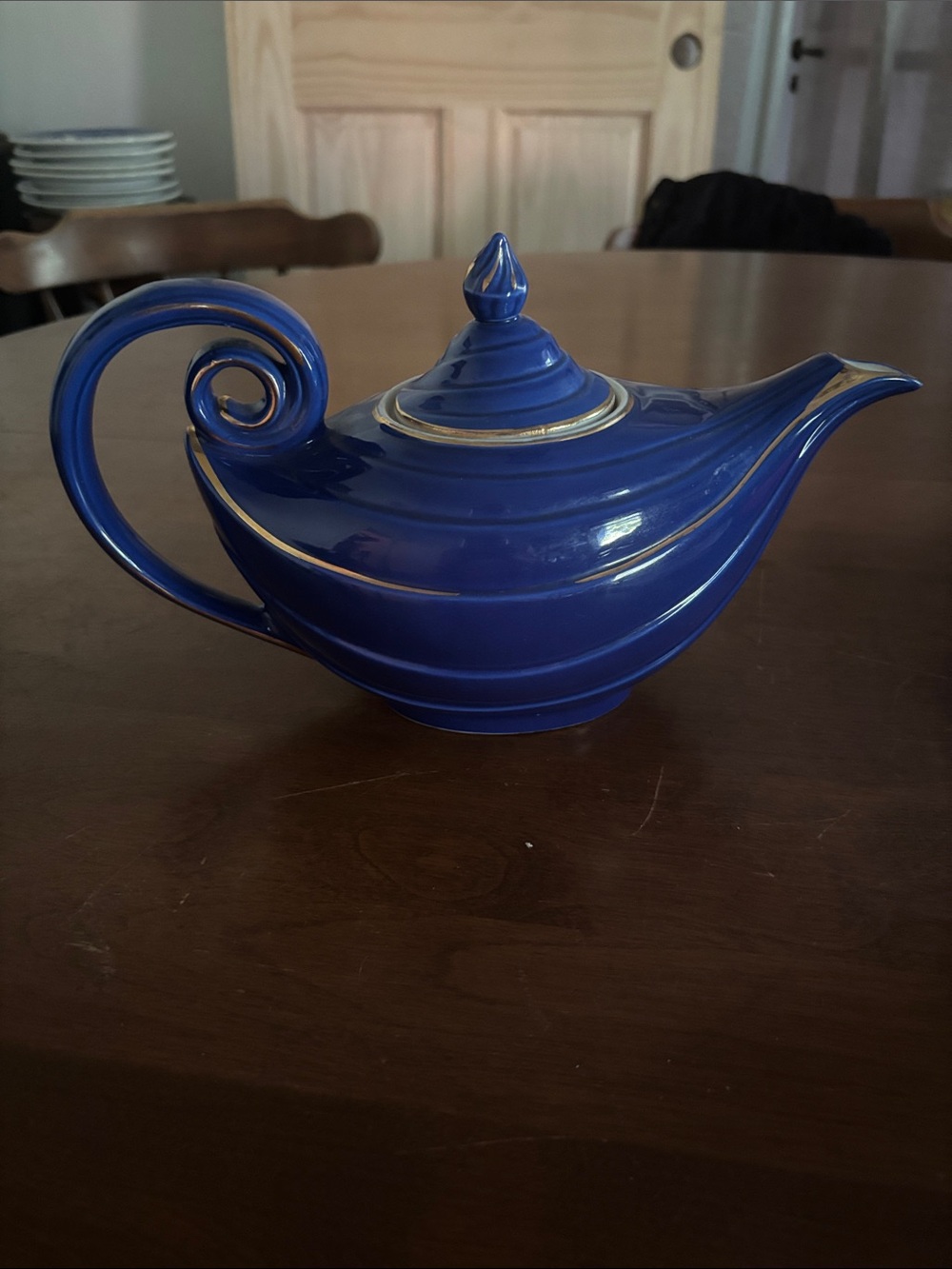 Vintage Hall China Cobalt Blue Aladdin Genie Teapot with Gold Trim Art Deco